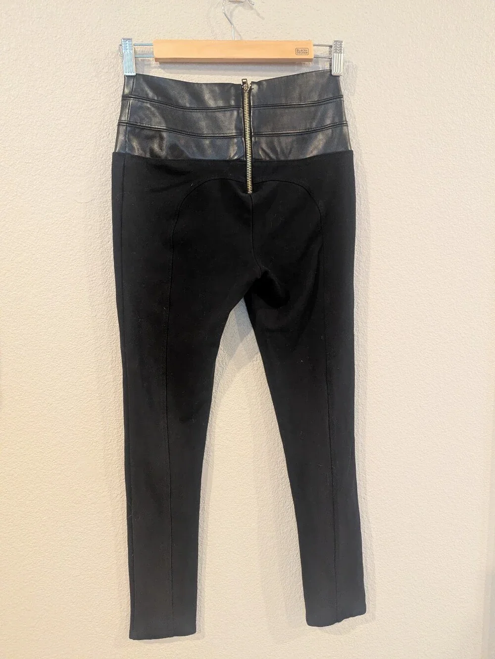 BEBE Black Ponte Leggings with Faux-Leather High Waist & Gold Hardware Small